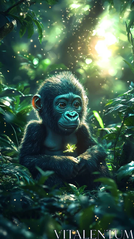 Jungle Chimp with Leaf AI Image