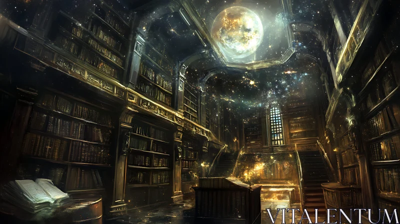 Grand Library with Celestial Sky AI Image