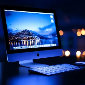 Sleek Desktop Computer Setup with Blue Display