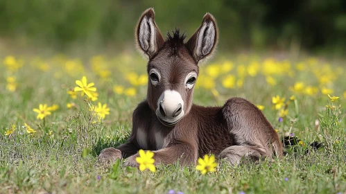 Resting Donkey Among Wildflowers