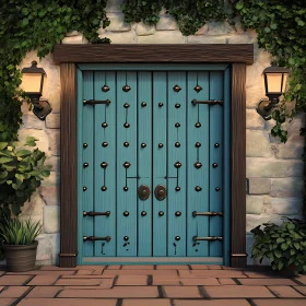 Rustic Turquoise Door Surrounded by Greenery