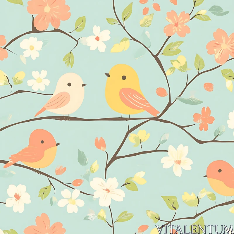 AI ART Floral Bird Pattern on Blue Background