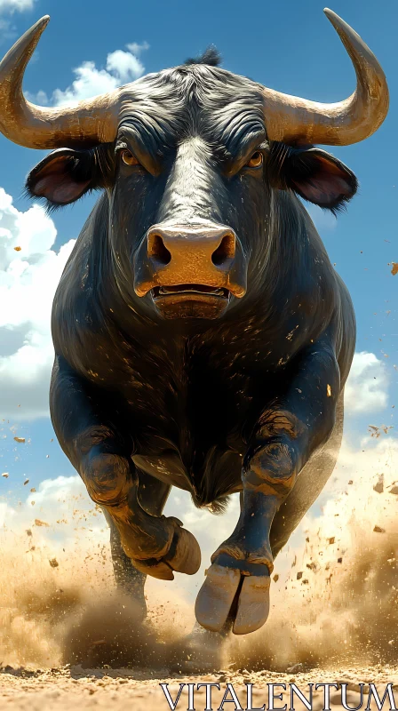 Charging Bull with Curved Horns AI Image