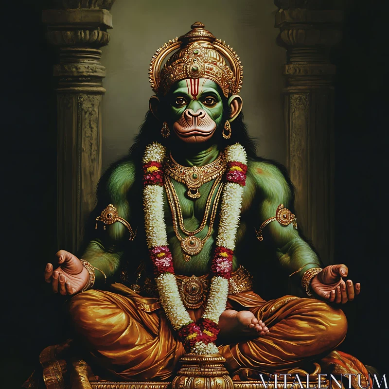 Meditative Monkey Deity with Golden Crown AI Image