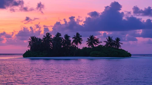 Tranquil Island Sunset with Palm Tree Silhouettes