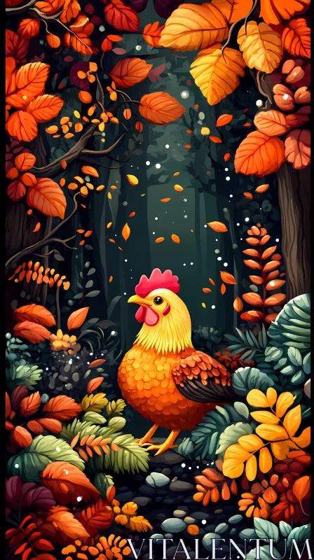 Colorful Rooster among Autumn Leaves AI Image