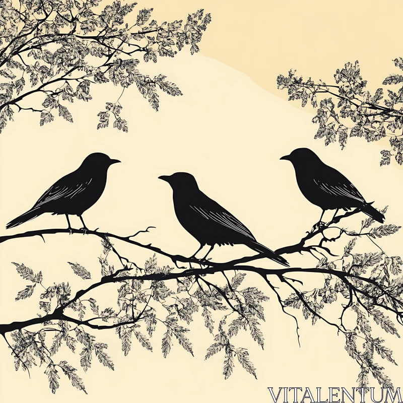 AI ART Three Birds in Silhouette on Branch