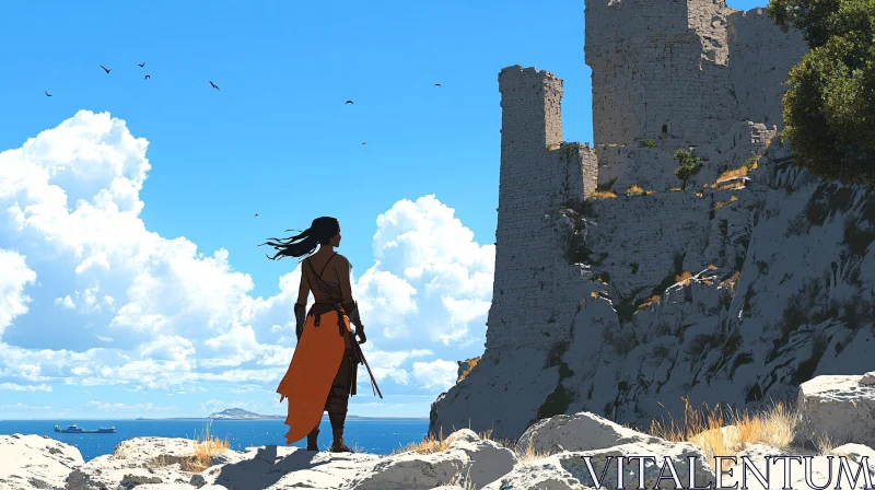 AI ART Woman Overlooking the Sea by Castle Ruins