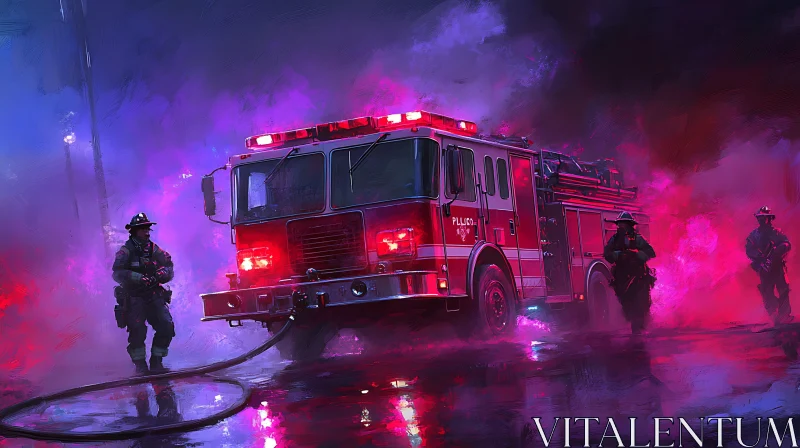 Heroic Firefighters at Night AI Image