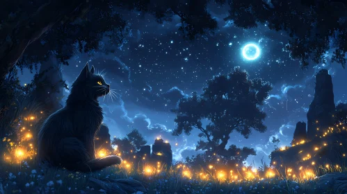 Mystical Cat in Moonlit Glade