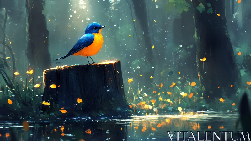 AI ART Bird Perched in Tranquil Woodland