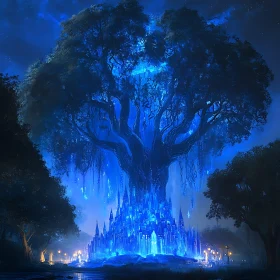 Night Fantasy: Glowing Castle and Ancient Tree