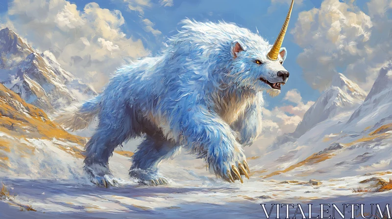 AI ART Fantasy Bear Unicorn in Winter Landscape