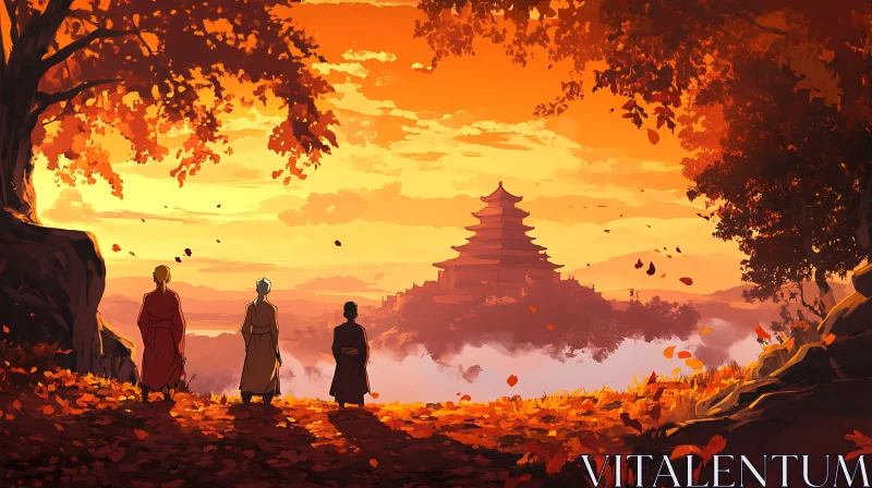 AI ART Monks Gazing at Distant Temple