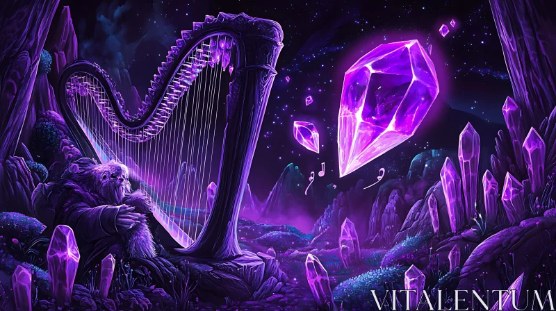 Mystical Musician in a Purple Crystal World AI Image