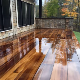 Glossy Wooden Deck with Fall Reflections