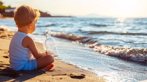 Boy with Bottle on Seashore