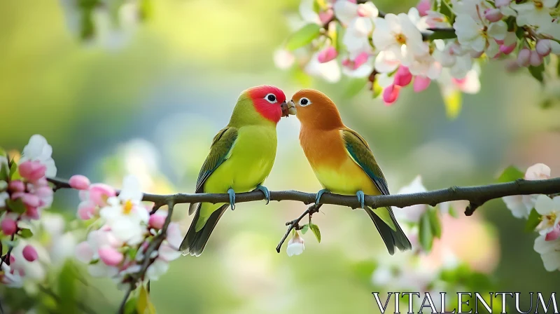 Pair of Lovebirds on Blossoming Branch AI Image