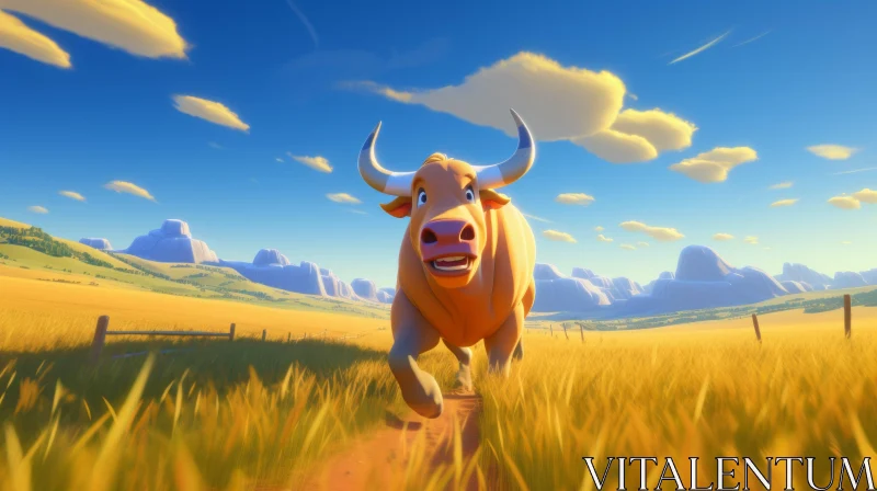 Animated Bull in Adventure-themed Field AI Image