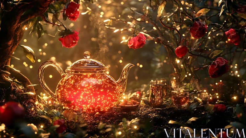 Glowing Teapot with Roses AI Image