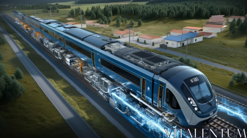 Blue Electric Train Moving Through Countryside - Grid-like Structures Artwork AI Image