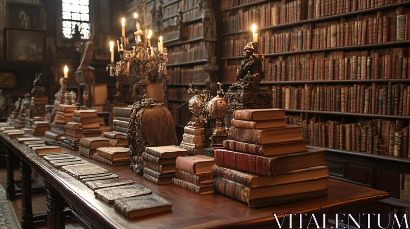 Vintage Library Interior with Antique Books AI Image