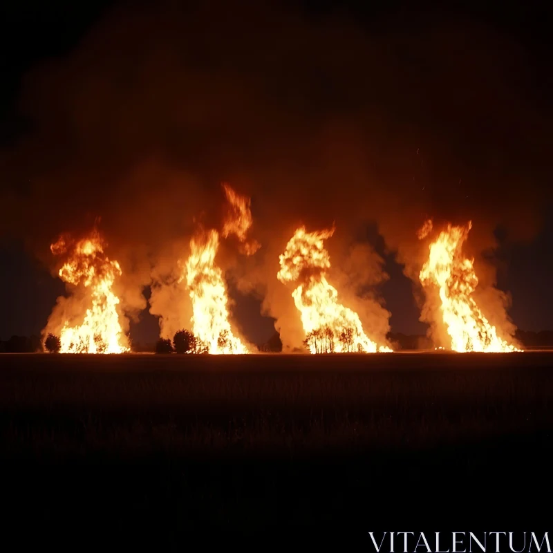 Nighttime Landscape of Trees Engulfed in Flames AI Image