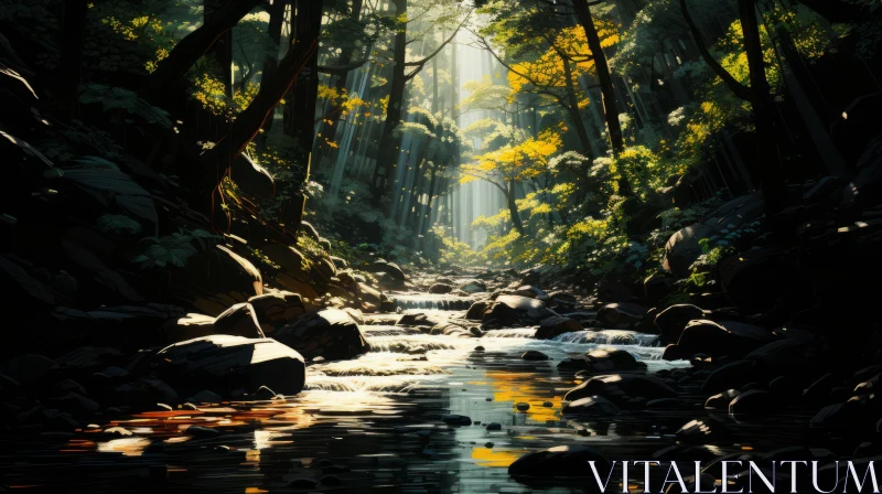 Captivating Forest Artwork: A Sunlit Journey into Nature's Beauty AI Image