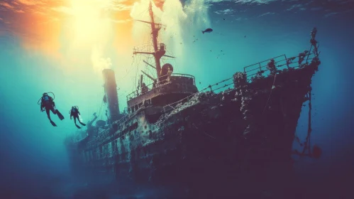 Captivating Underwater Shipwreck Scene with Divers | Surreal Nostalgic Realism