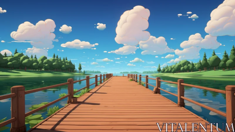 Charming Cartoon Bridge over a Serene Lake | Whimsical Nature Art AI Image