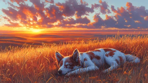 Tranquil Canine in Golden Sunset Landscape