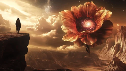 Celestial Bloom: Figure Contemplates Galaxy Flower