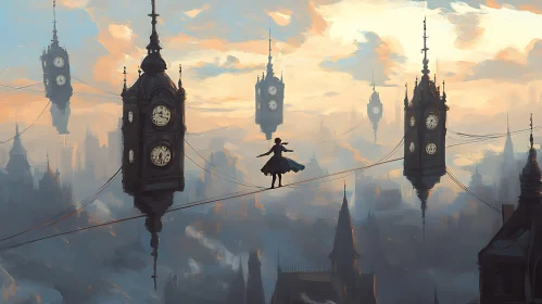 Dreamlike Cityscape with Tightrope Walker