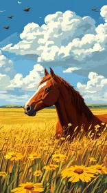 Chestnut Horse in Flowered Field