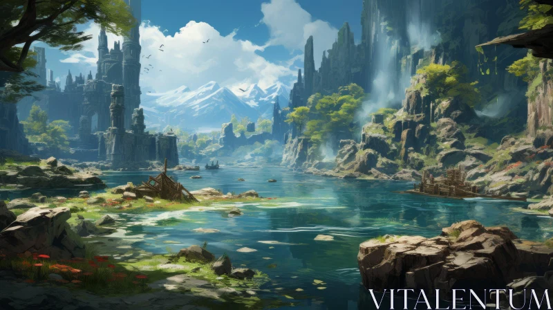 Fantasy Adventure Riverscape - Plein-air Art Wallpaper AI Image