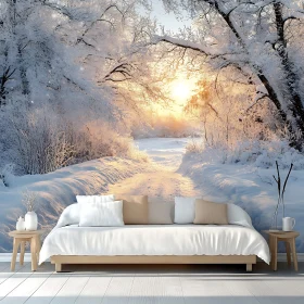 Serene Snowy Forest Path Sunset Wall Mural