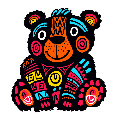 Friendly Cartoon Bear with Multi-colored Accents on Green Background POD Design