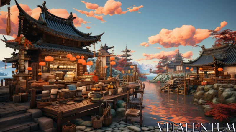 Lush, Detailed Rendering of an Asian Town at Dusk AI Image