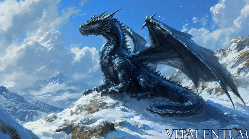 Majestic Black Dragon on Snowy Mountaintop - Immersive Fantasy Art AI Image