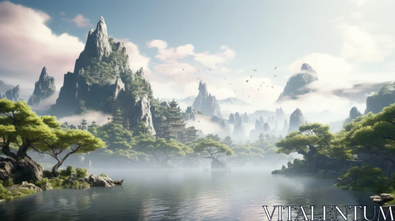 Misty Chinese Landscape: A Spiritual Journey in Terragen Style AI Image