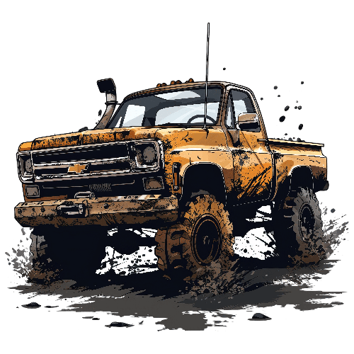 Orange Pickup Truck Classic Model - Mud Splattered Illustration POD Design