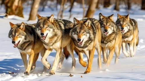 Running Wolves in Snowy Forest - Captivating Nature Image