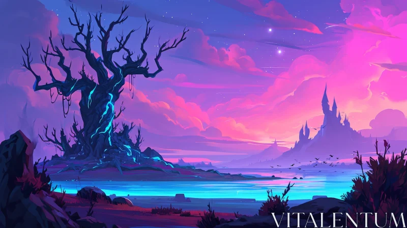 Serene Landscape with Majestic Tree, Ethereal Sky, and Distant Castle AI Image