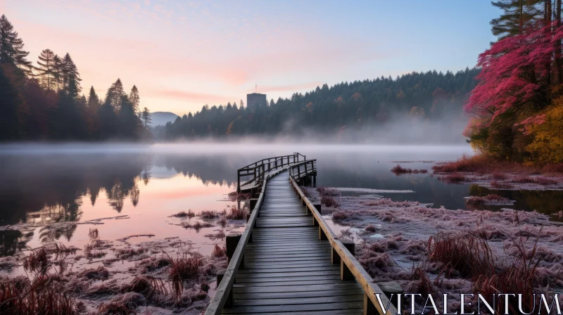 Tranquil Lake Scene with Misty Walkway and Romantic Landscape AI Image