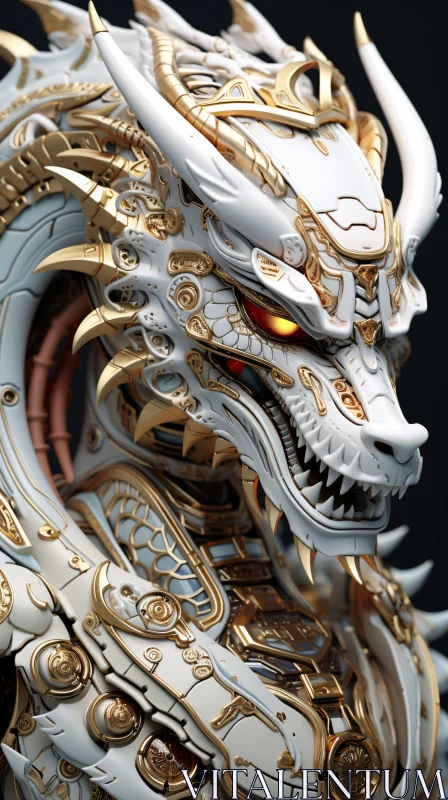 AI ART Cyborg Dragon Close-Up: White and Gold Armor