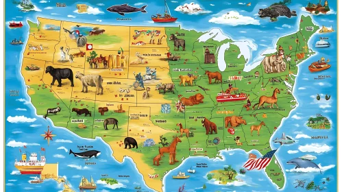 Cartoon Map of the United States Featuring Wildlife
