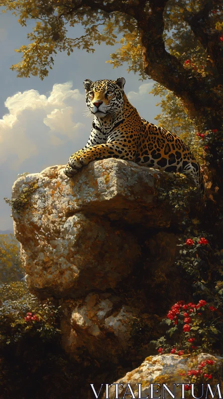 AI ART Regal Jaguar Resting on Rock