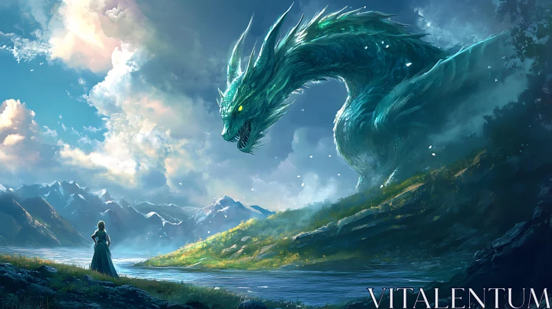 AI ART Emerald Dragon and the Lonely Woman