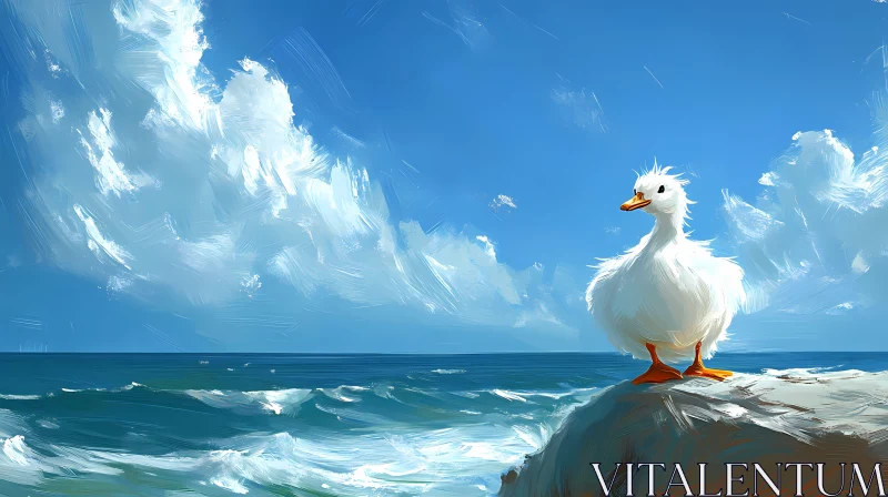 Fluffy Duck Overlooking the Ocean AI Image