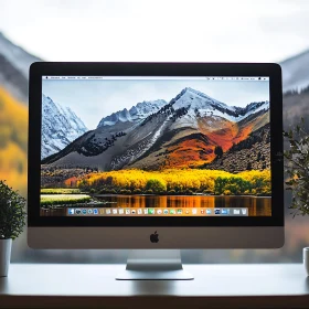 Apple iMac Display with Mountain and Lake Scenery
